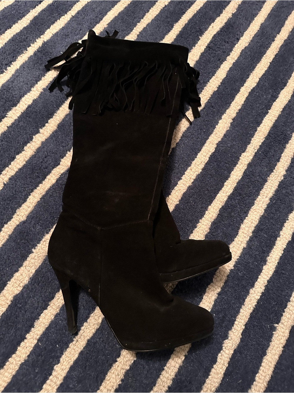 Women’s Black Fringe Suede Knee Boots - Classic High Heel.